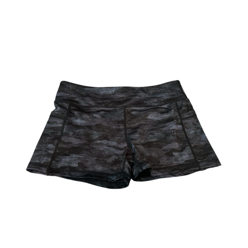 IAB MFG Woman's Medium Size 10/L No Ride Compression Gym Shorts Black Gray Camo